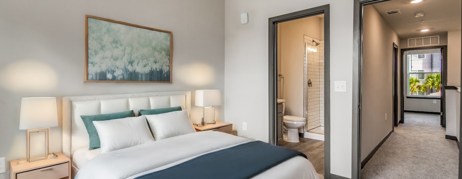 Bedroom with natural lighting and high ceilings